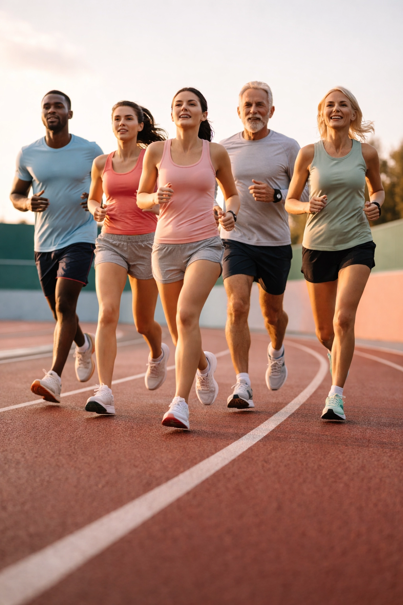 Group of runners from various age groups training on an outdoor track, illustrating 5km age benchmark diversity