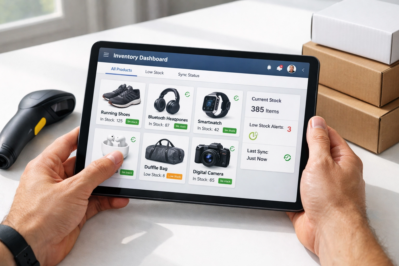 Hands using tablet with inventory management dashboard for online store operations