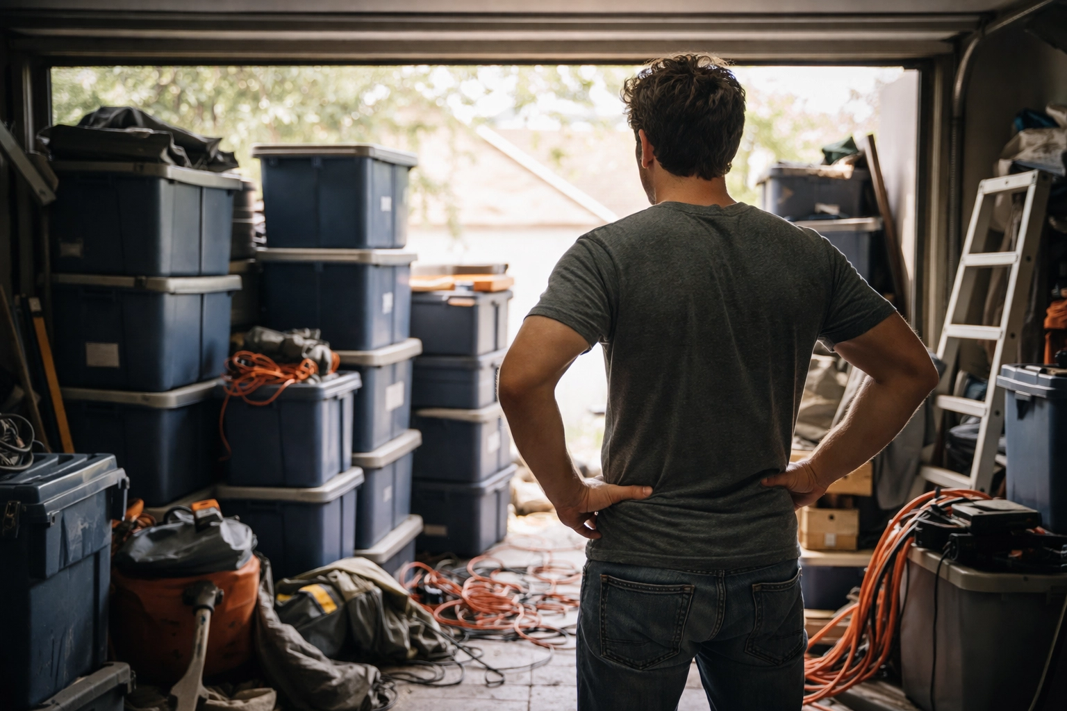 Person looking stressed in a chaotic garage packed with unused tools and storage bins, reflecting the burden of tool hoarding