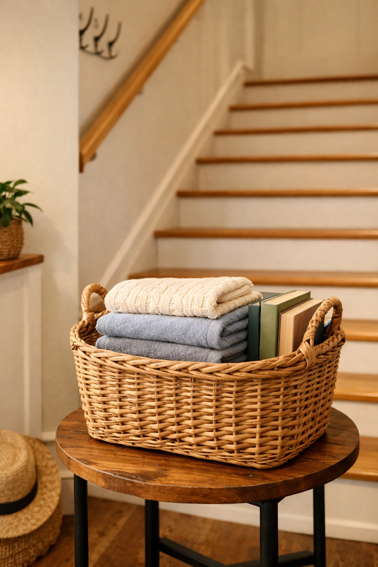 A clear staircase with a designated stair basket nearby to prevent trip hazards from clutter.