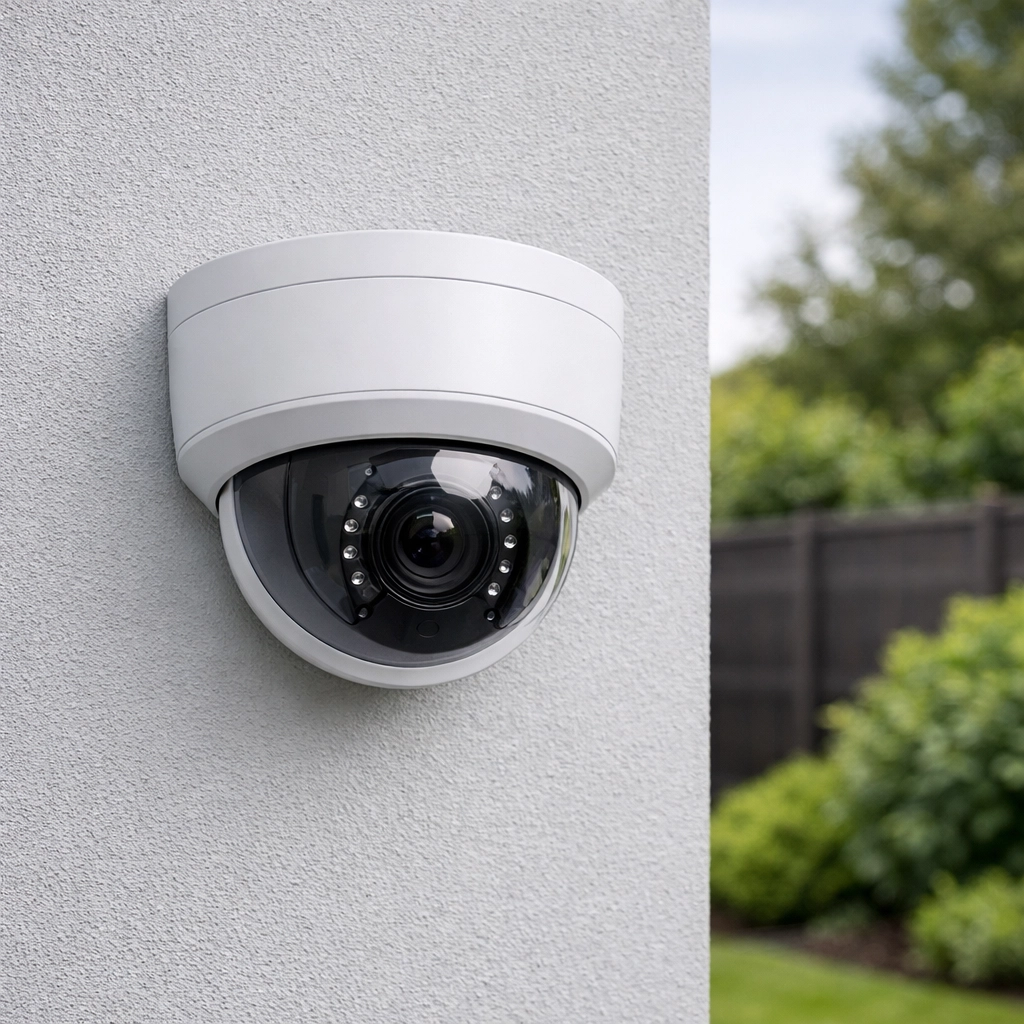 Professional CCTV installation in Poole showing a clean, tidy camera on a modern house wall.