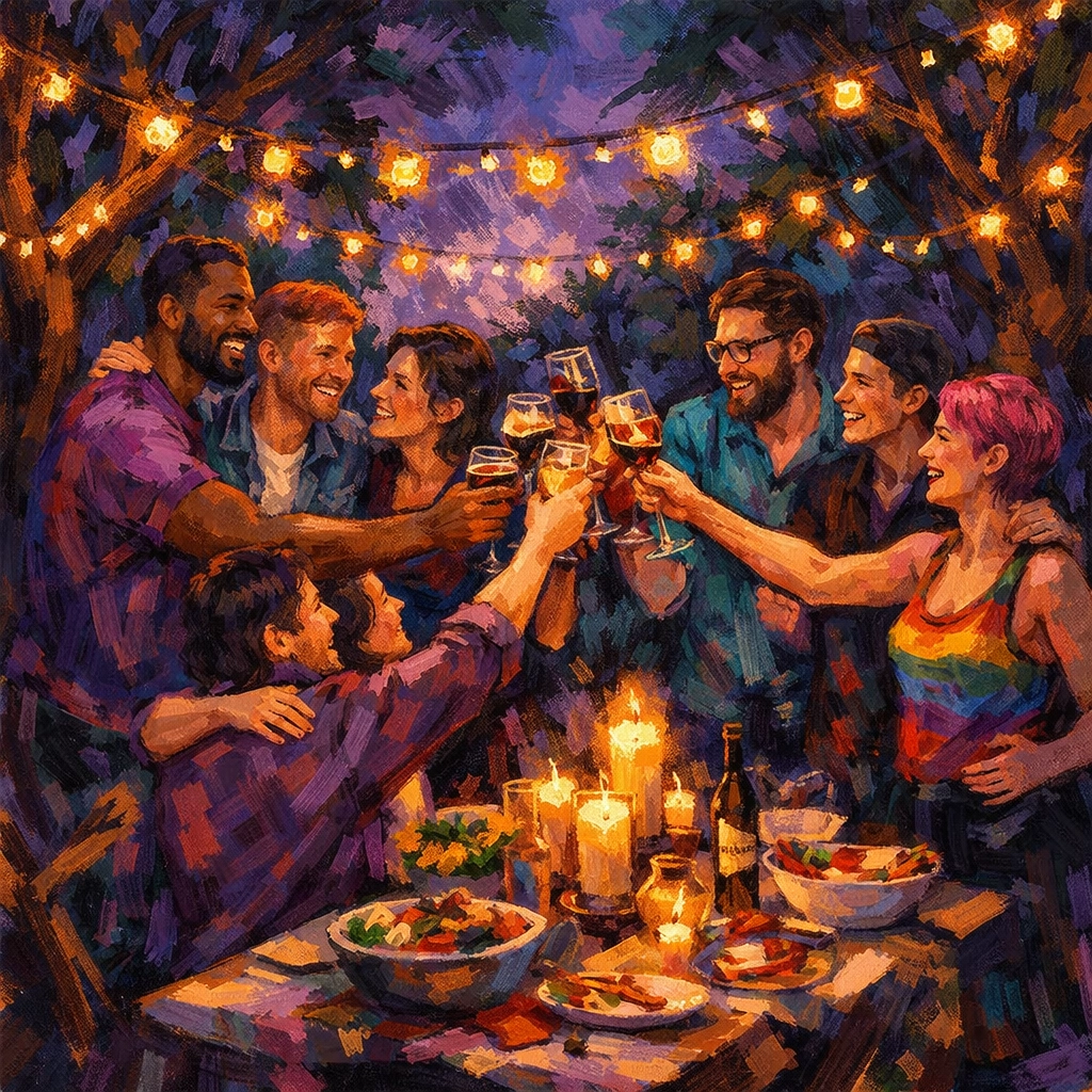 A diverse LGBTQ+ found family celebrating together at an outdoor dinner, representing community and acceptance.