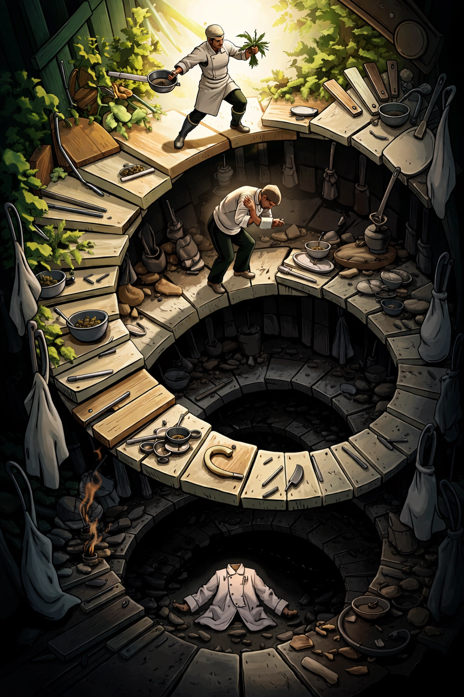 Chef descending a spiral of kitchen tools from energetic to exhausted, symbolizing restaurant worker burnout in 2026