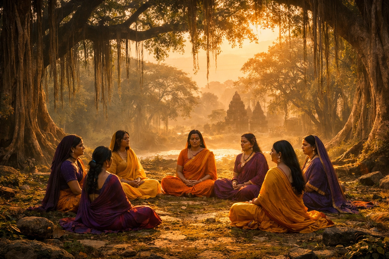 South Asian Hijra figures in silk saris gathered in a sacred forest setting representing their ancient spiritual roots.