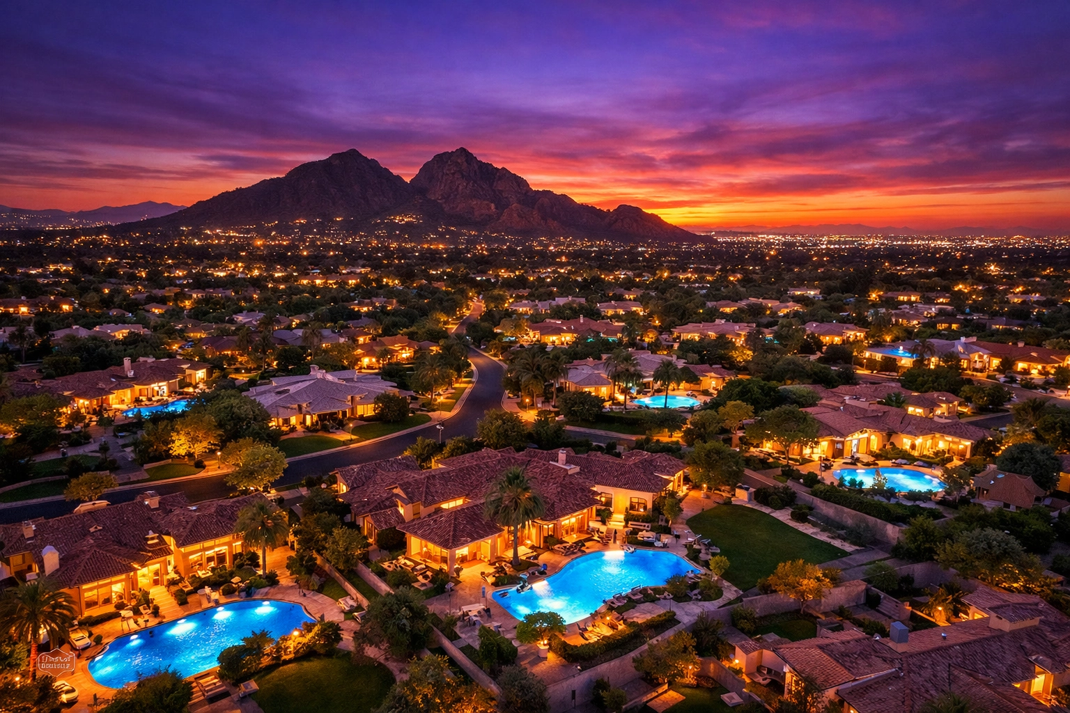 Aerial view of a luxury Phoenix Valley neighborhood at sunset representing the Arizona real estate market.