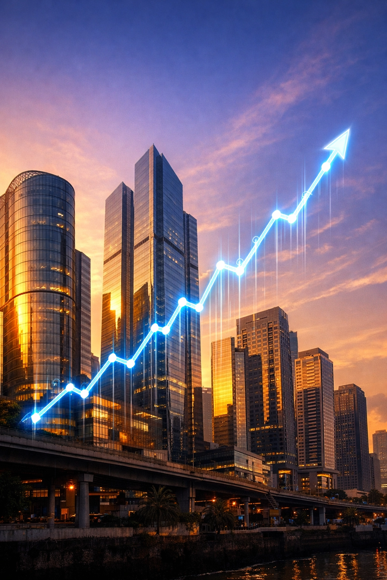 Ascending economic chart over the Mumbai skyline symbolizing the RBI’s growth revision momentum.