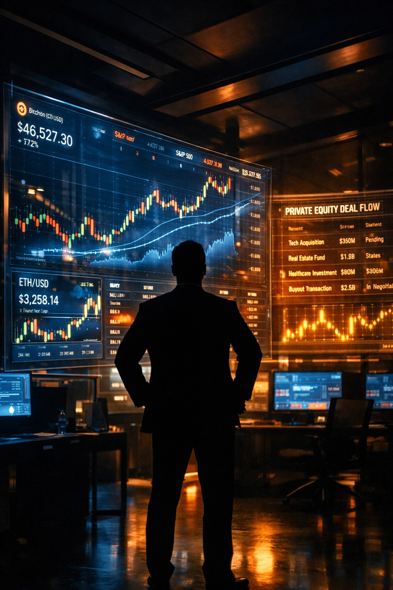 Institutional investor monitoring portfolio screens with stock charts and cryptocurrency data
