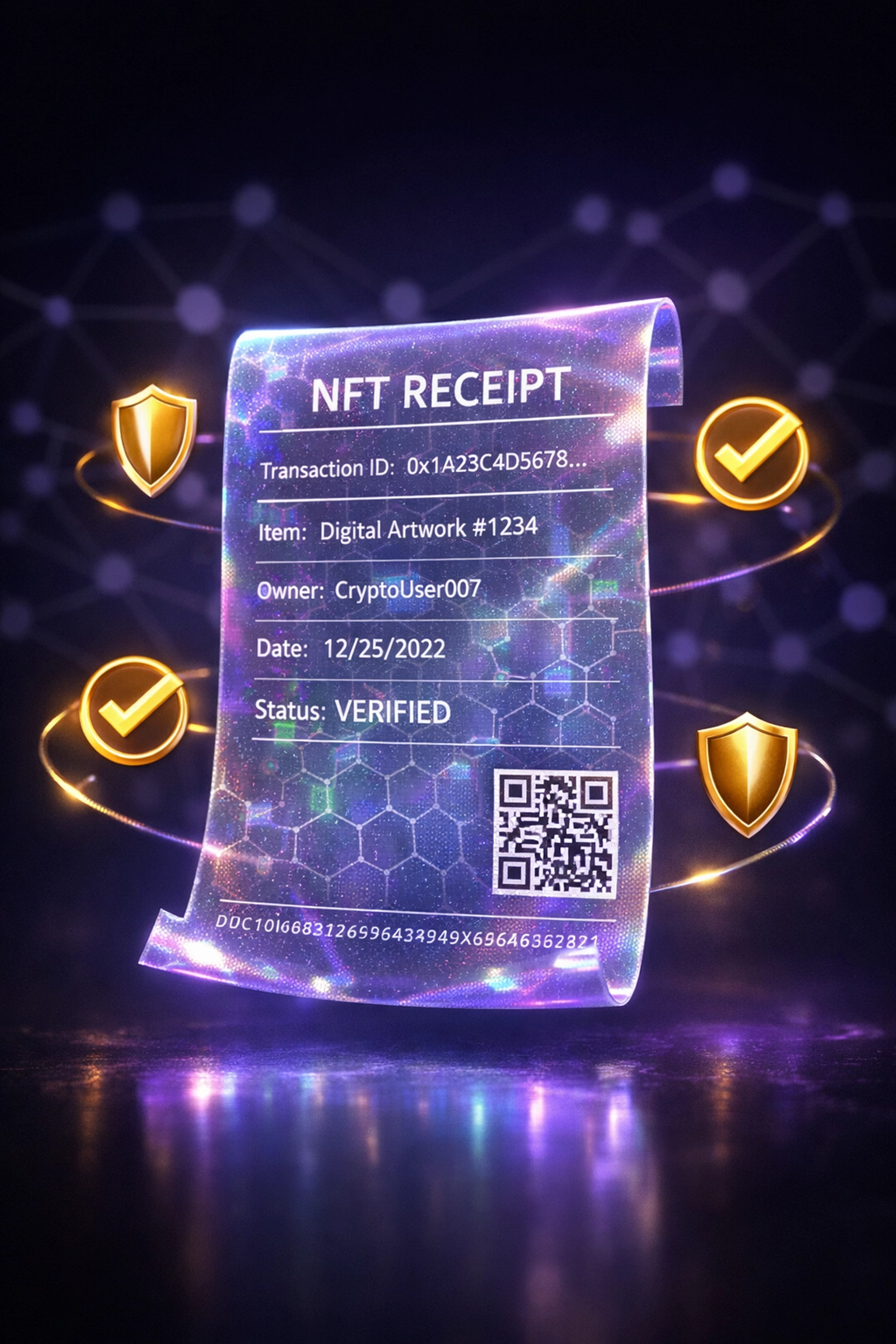 Blockchain NFT receipt with security verification symbols preventing chargebacks for merchants