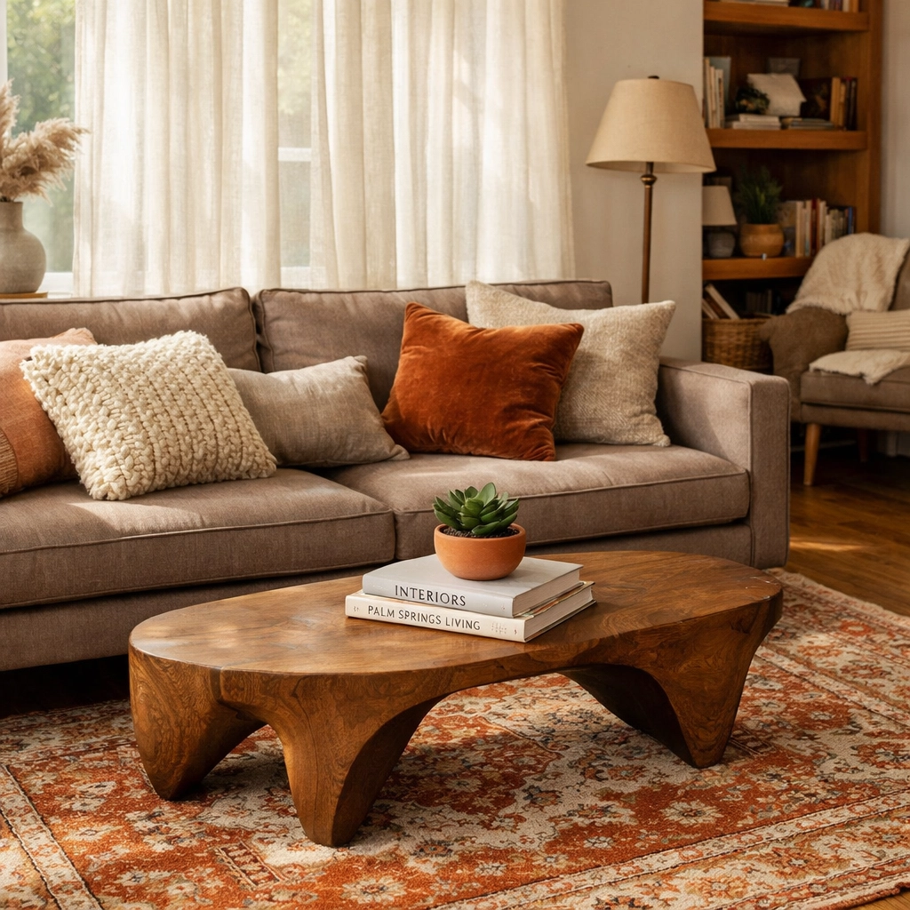 Modern living room staging with vintage rug, warm taupe sofa, and natural sunlight
