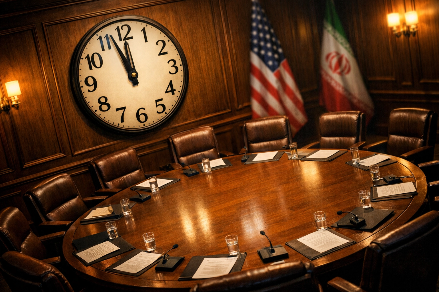 Diplomatic negotiation room with clock showing Iran-US deadline approaching
