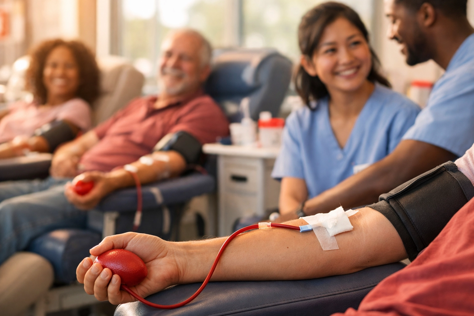 People donating blood at donation center with medical staff assistance