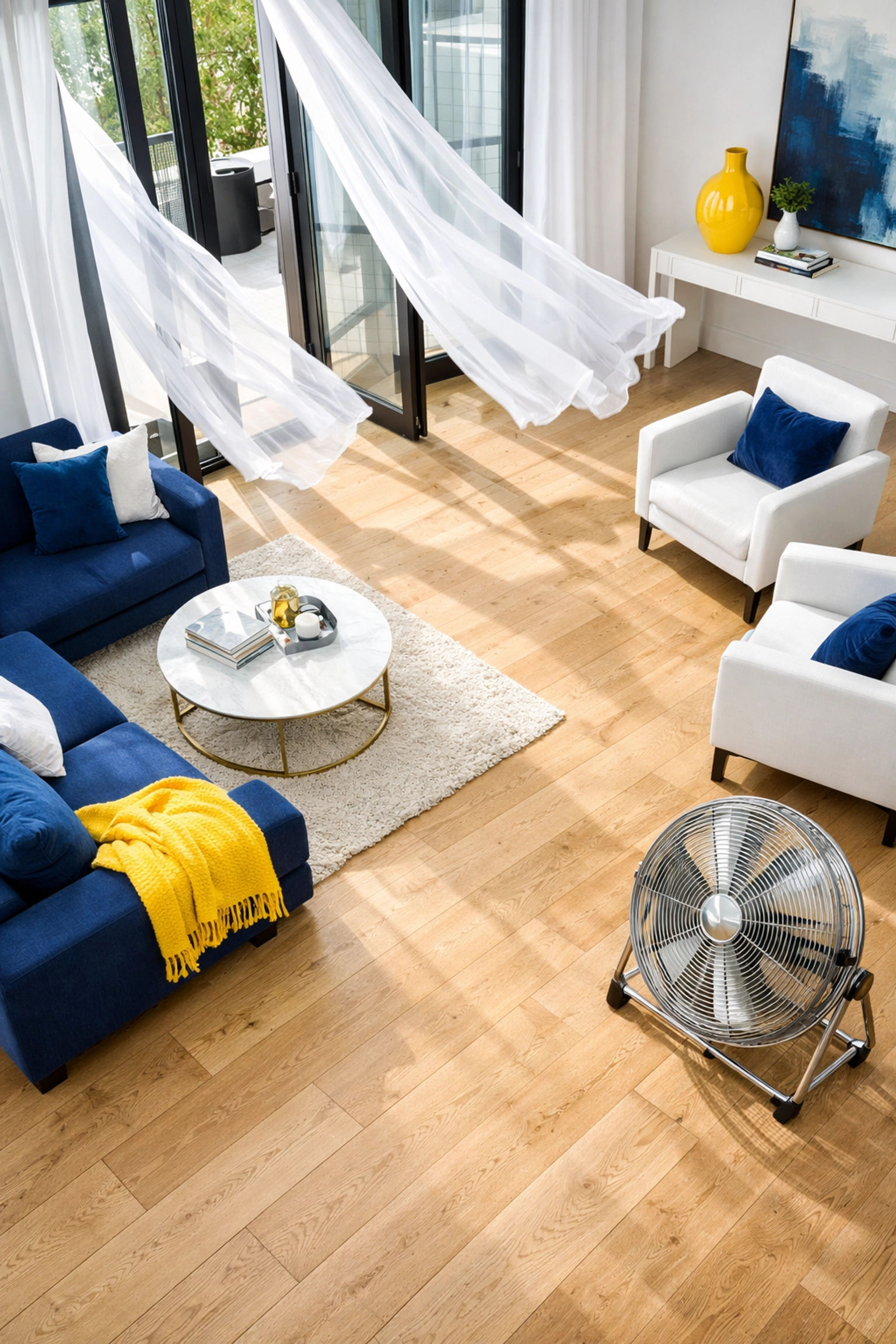Open windows and a floor fan creating a cross-breeze to ventilate a living room with new hardwood floors.