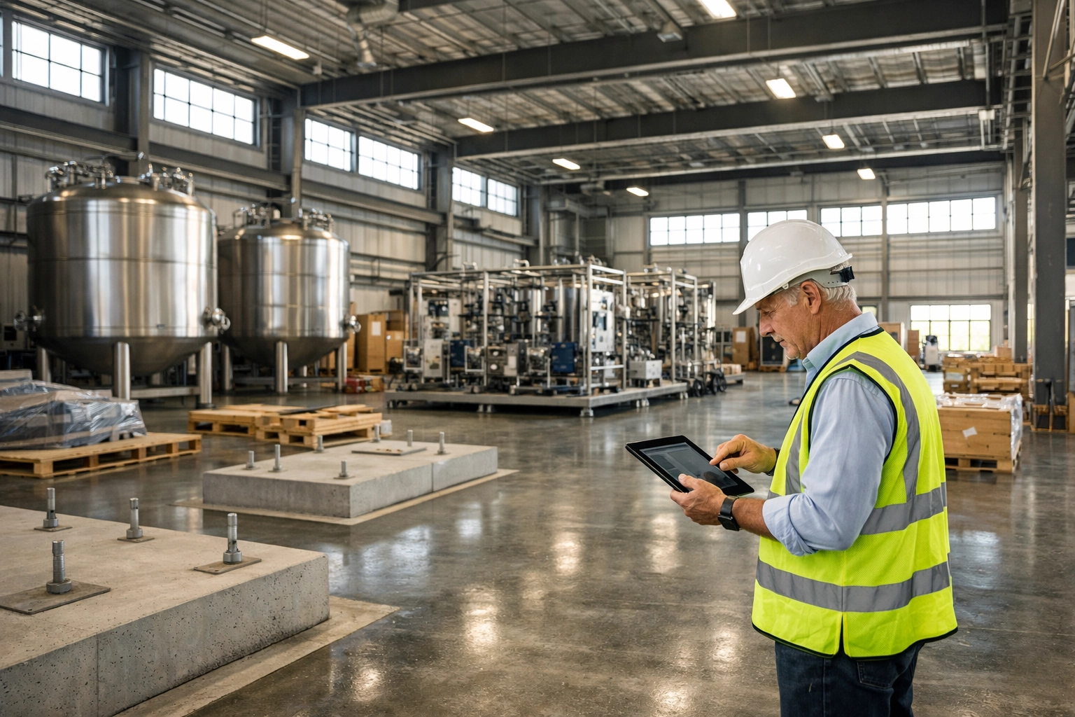 Engineer performing a site survey for process plant installation and mechanical equipment layout.