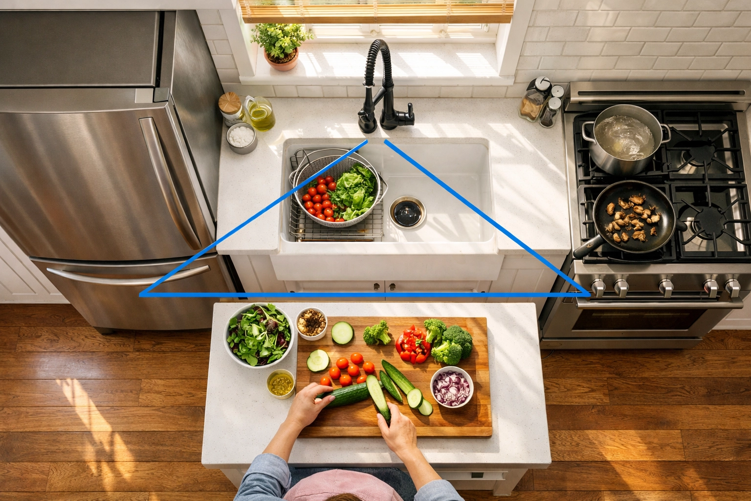 Overhead view of efficient kitchen work triangle showing refrigerator, sink, and range placement