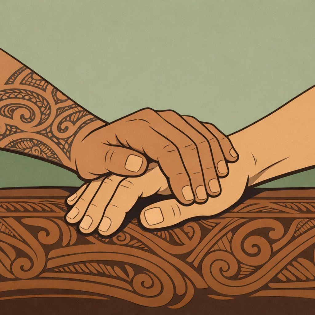Clasped hands with Māori ta moko tattoo symbolizing Takatāpui gay love and cultural identity