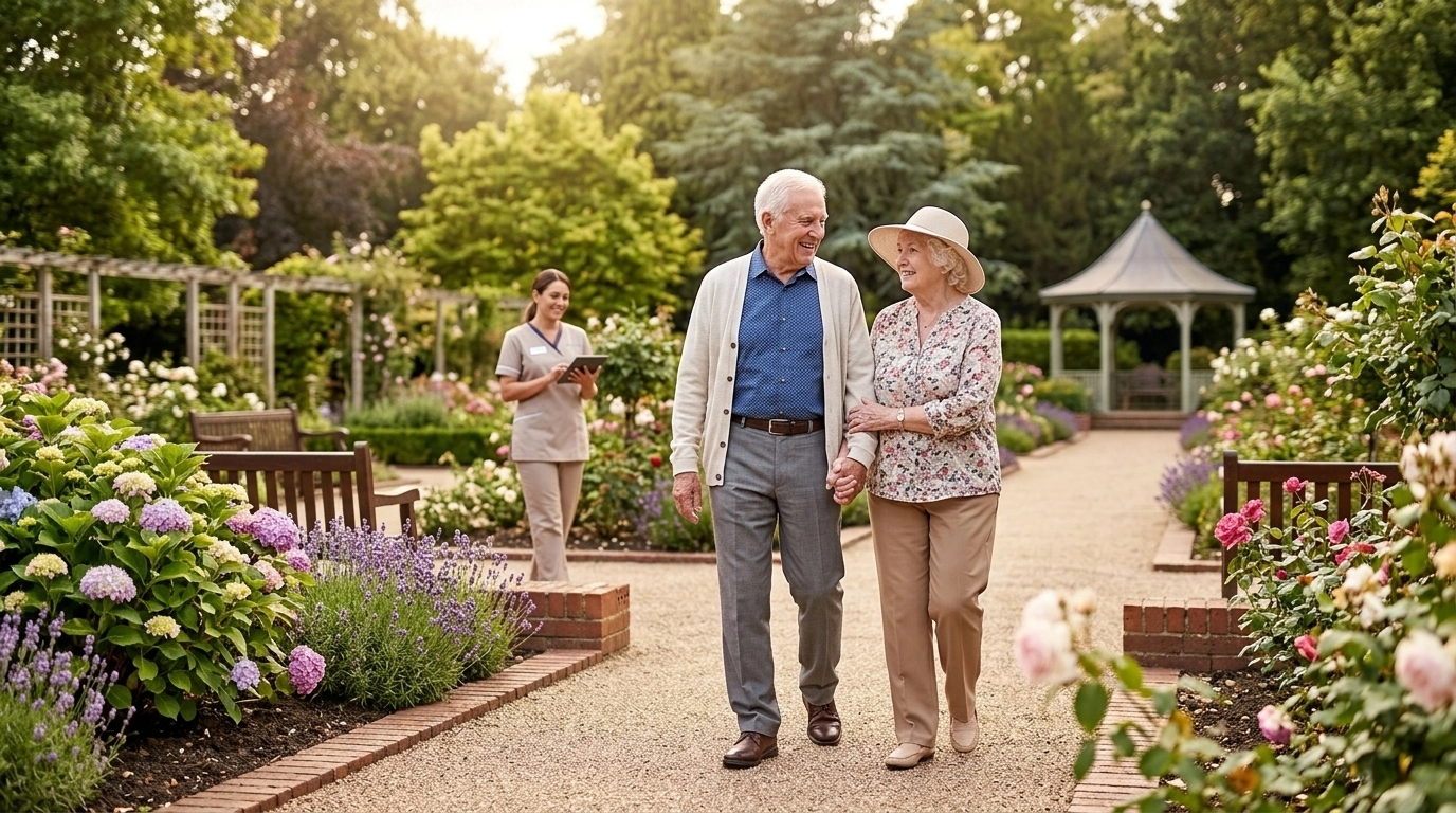 An elderly couple walking happily in a garden with a caregiver nearby