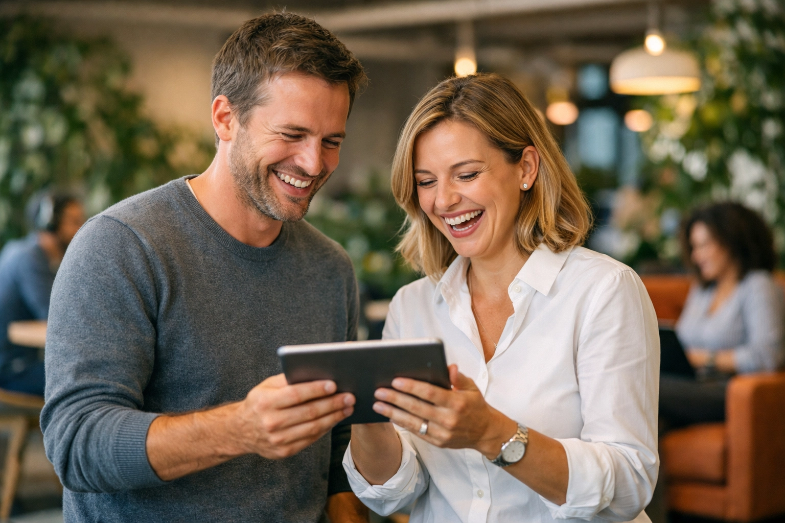 Empowered IT professionals collaborating on ServiceNow workflows in a modern, collaborative office lounge.