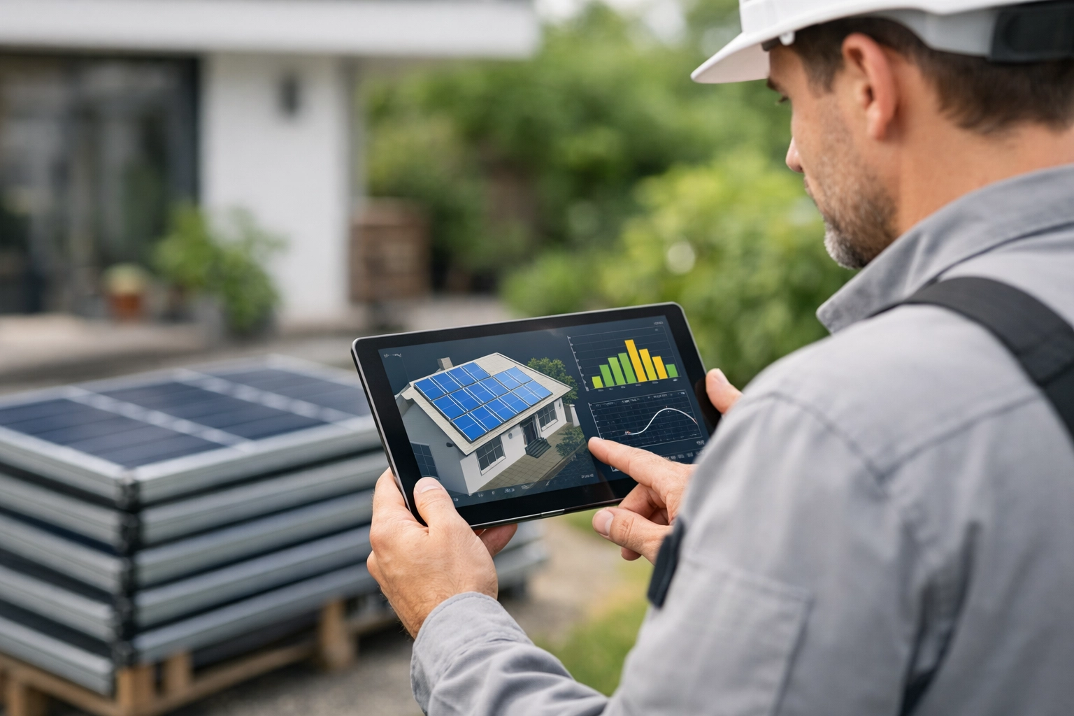 Renewable energy expert planning a solar installation for a home in Poole using a digital tablet.