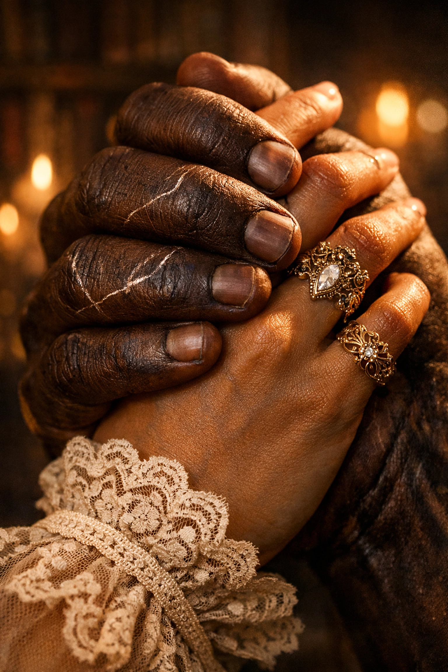 Scarred and refined hands intertwined, symbolizing the connection between a morally gray hero and his love.