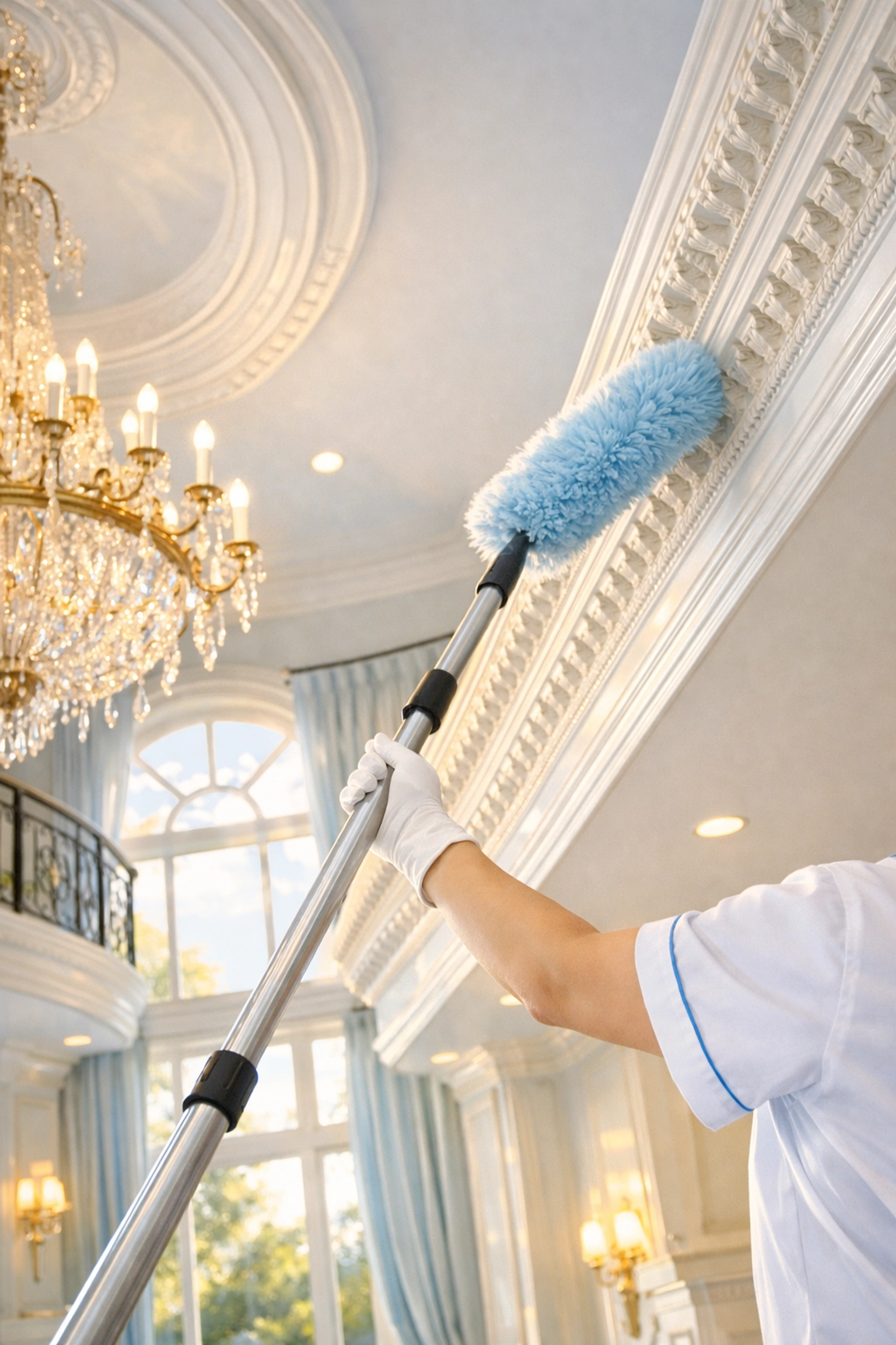 Professional cleaning of crown molding in a Westwood luxury living room using the vertical descent method.