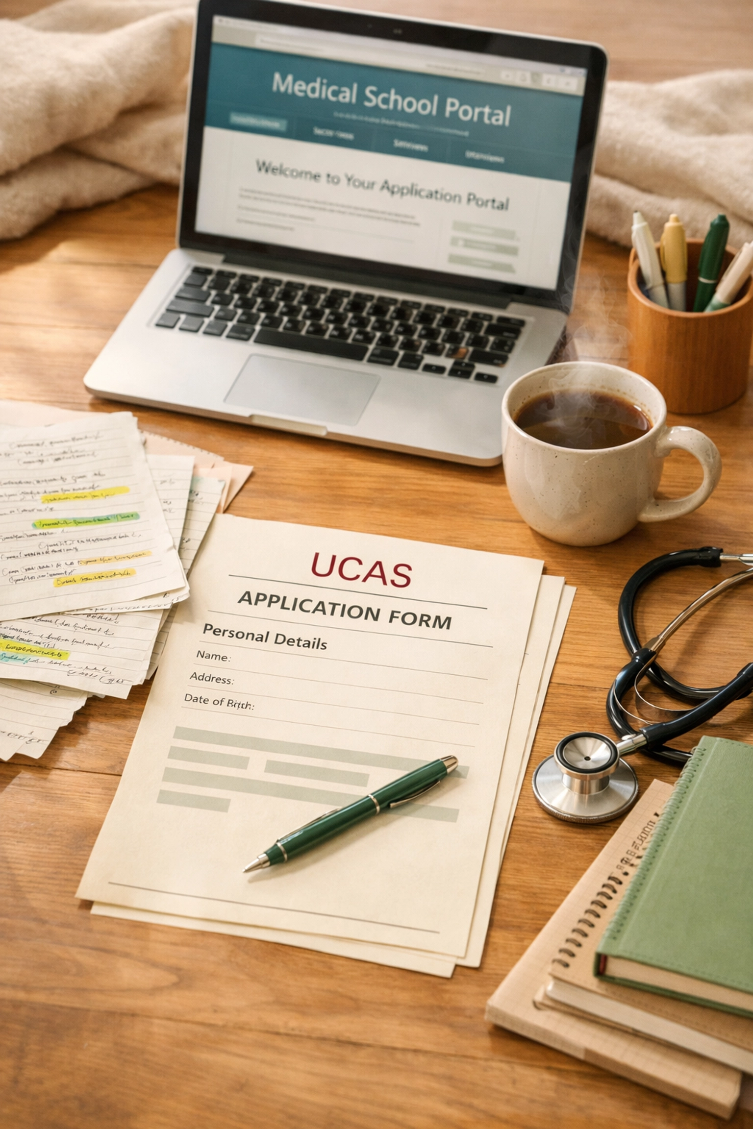 Student workspace with UCAS medical school application form, laptop, notes and stethoscope