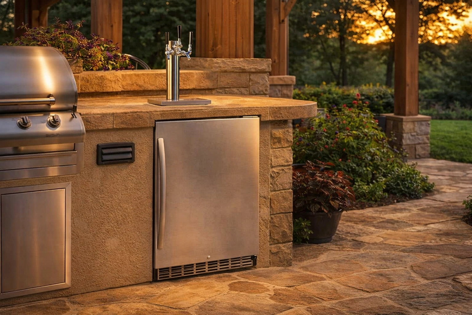 Kegco outdoor-style built-in dual tap kegerator installed in a luxury patio kitchen