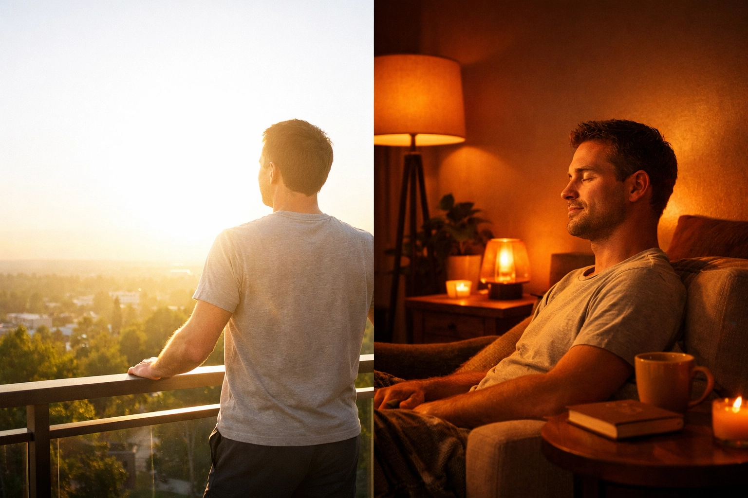 Man balancing bright morning sunlight and amber evening light to regulate melatonin and circadian rhythm.