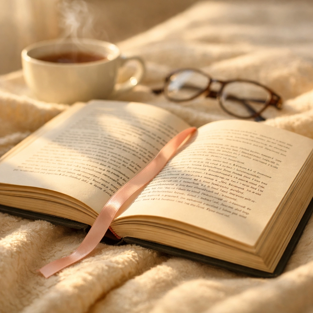 Open cancer memoir book Held with bookmark representing healing and hope