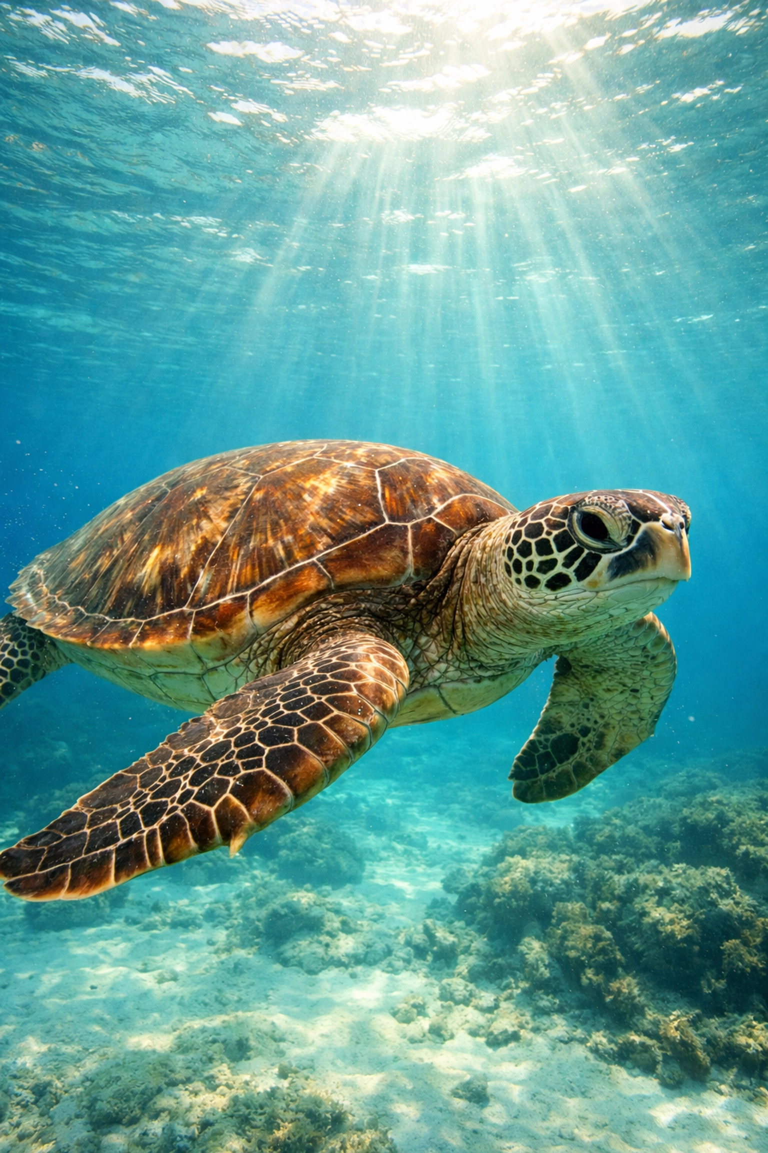 Green Sea Turtle swimming through clear water used for conservation storytelling and sponsorships.
