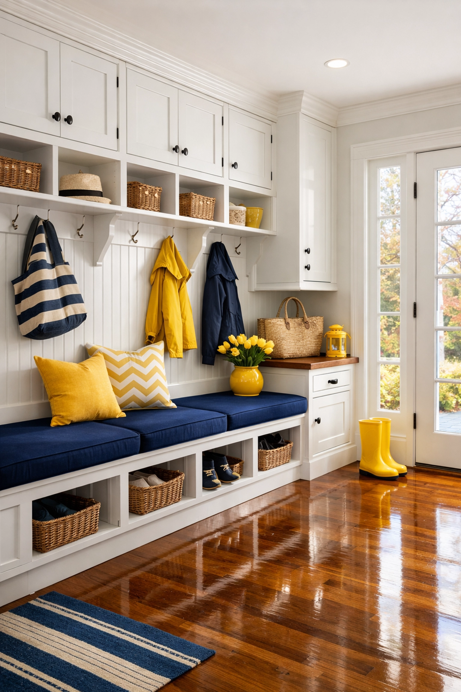 Sun-drenched Lunenburg mudroom with polished hardwood floors and clean white custom cabinetry.