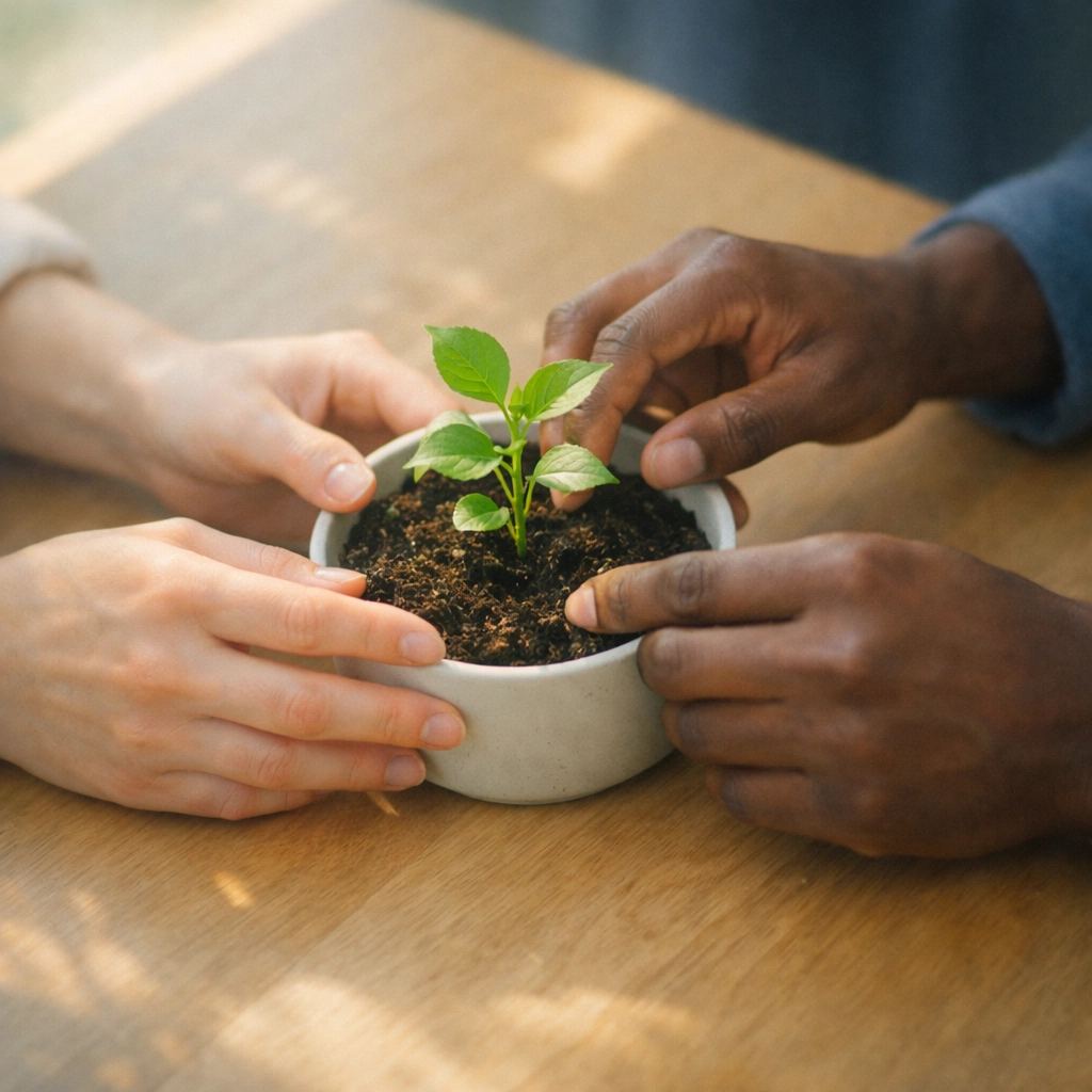 Hands caring for a small plant, symbolizing growth and the Biblical concept of managing money well.