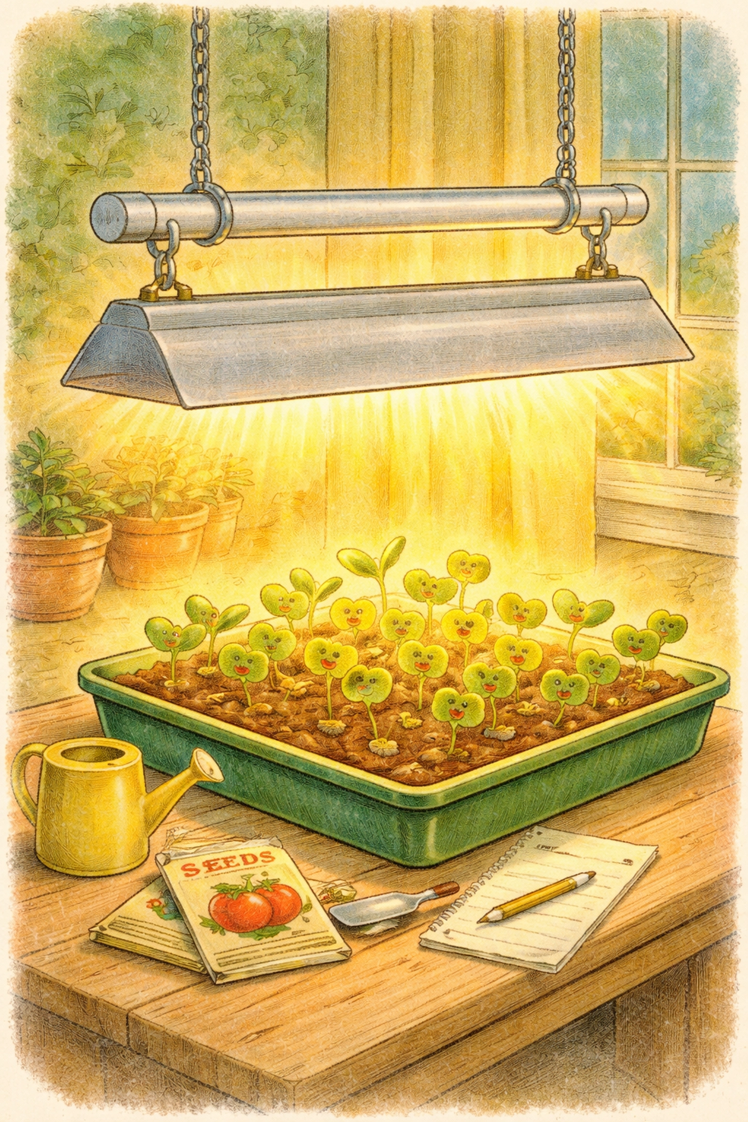 Charming drawing of a shop light hanging from a PVC frame, illuminating seedlings in an indoor gardening setup.