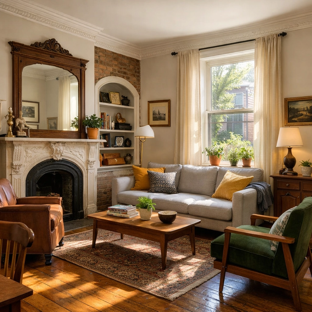 Restored Germantown rowhome interior featuring original hardwood floors and high ceilings Restored Germantown rowhome interior featuring original hardwood floors and high ceilings