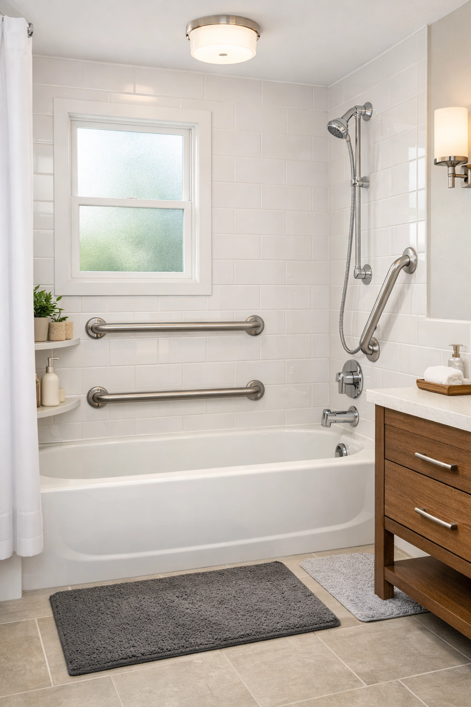 Bathroom grab bars and non-slip mats installed for senior fall prevention and safety