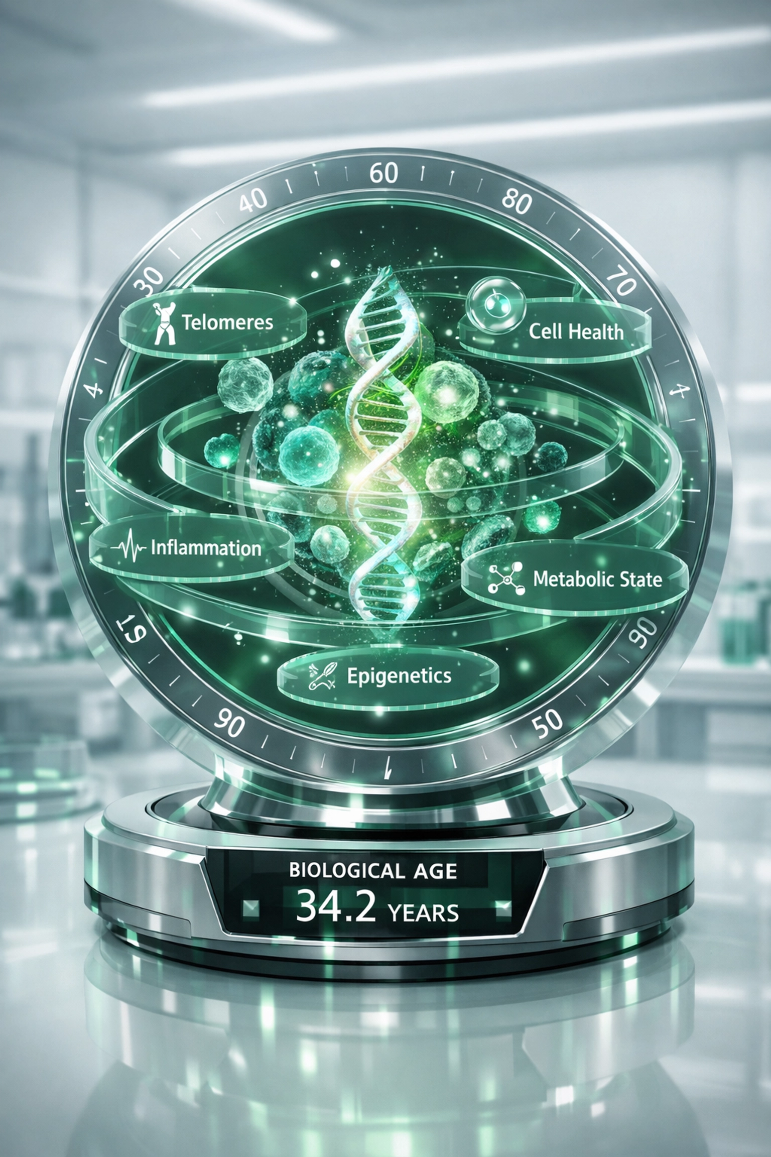 A futuristic biological age clock visualizing epigenetic markers and longevity data.