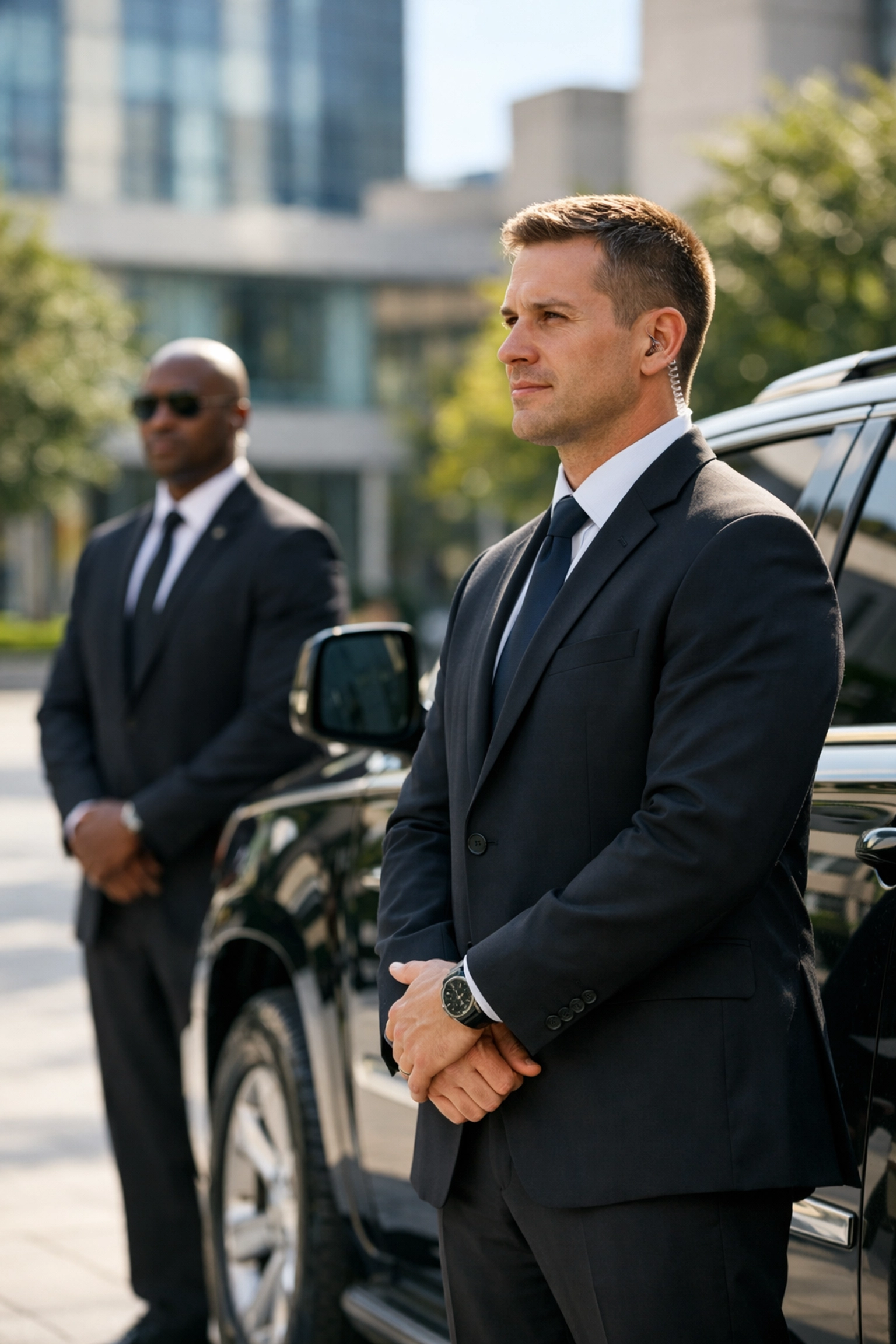Professional executive protection agents providing discreet VIP security for corporate Super Bowl events.