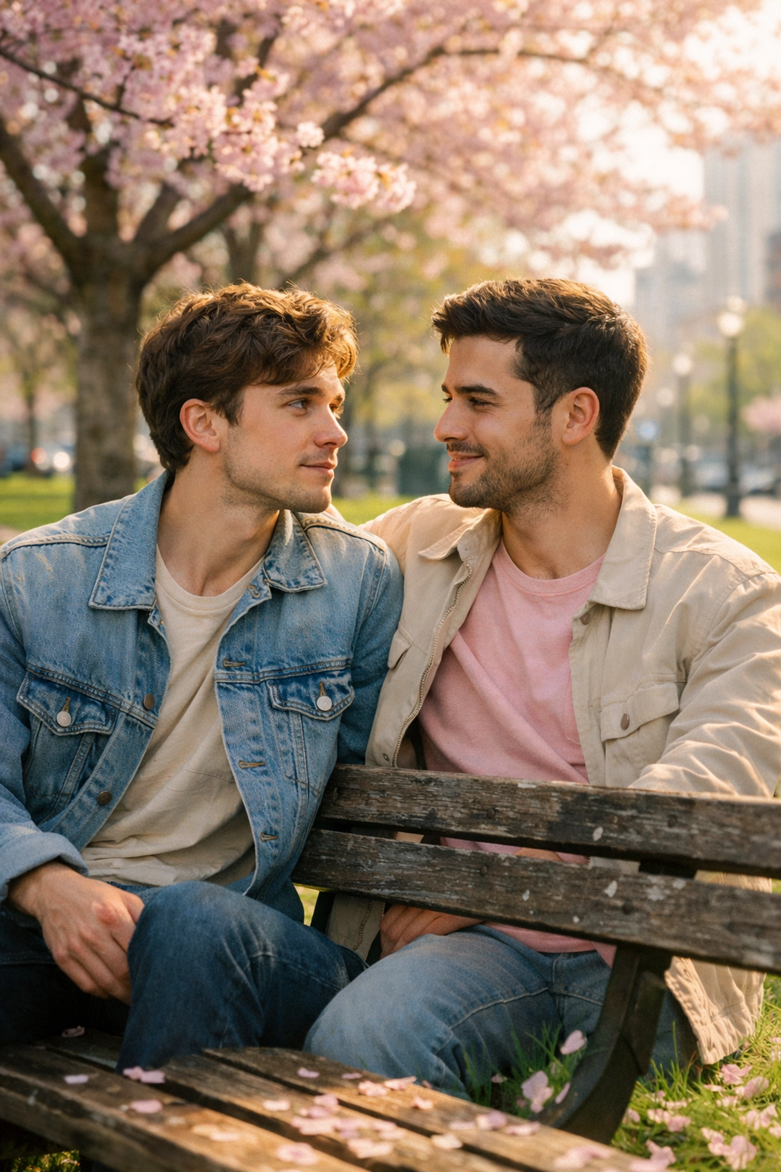 Gay couple on a park bench in spring showing a bisexual awakening moment in MM romance books.