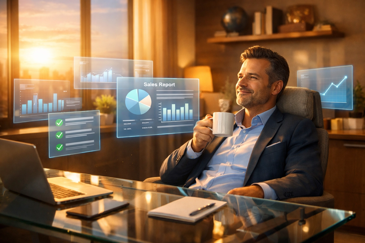 Salesperson relaxing while AI handles insurance data entry and sales chores in an office.