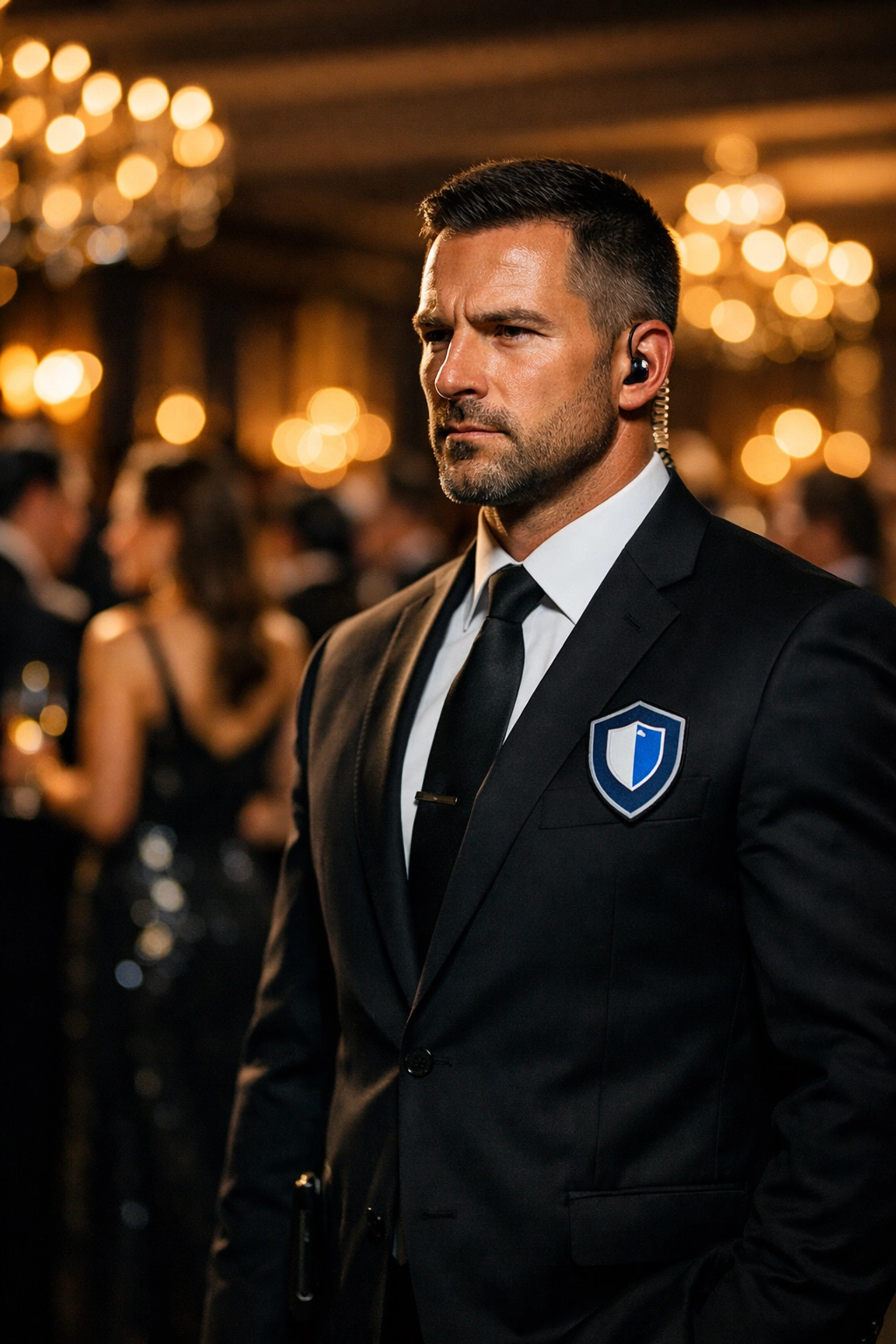 Elite event security professional in a suit monitoring a luxury corporate gala to ensure guest safety.