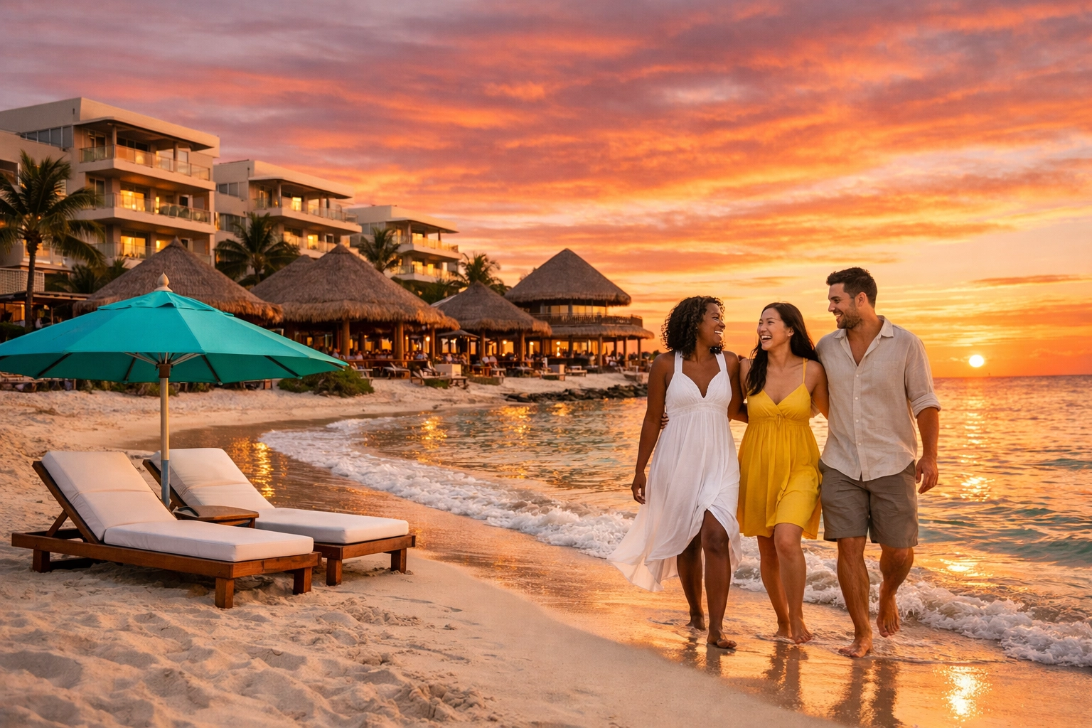 Friends walking on beach at all-inclusive Riviera Maya resort during sunset