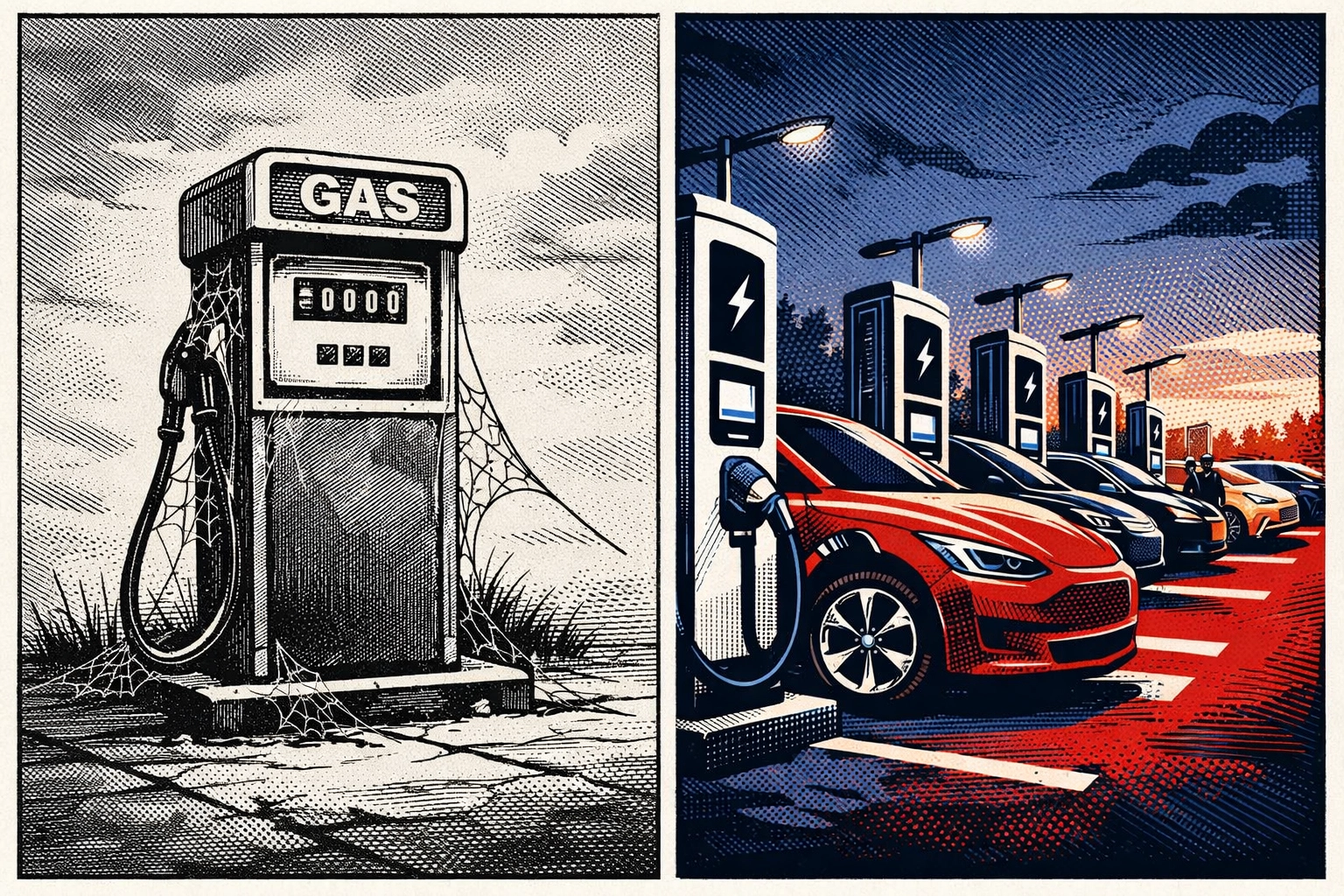 Contrast between abandoned gas station and busy electric vehicle charging stations in Norway