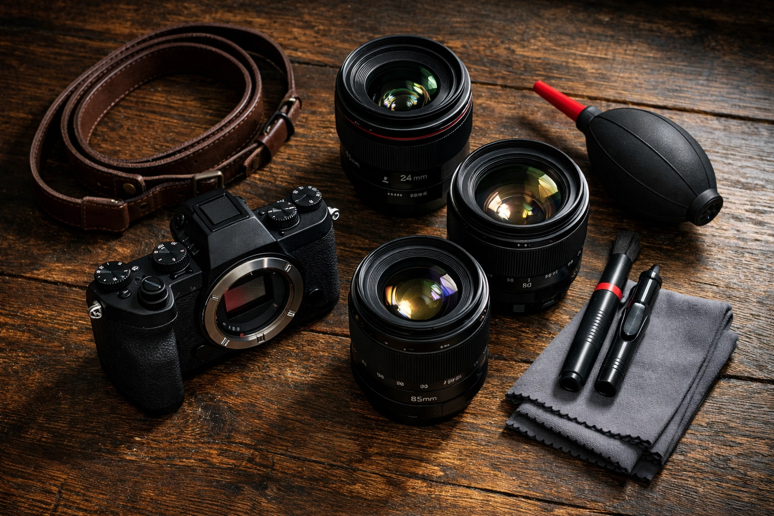 Essential photography gear and lenses on a desk from the ultimate photography tutorials guide.