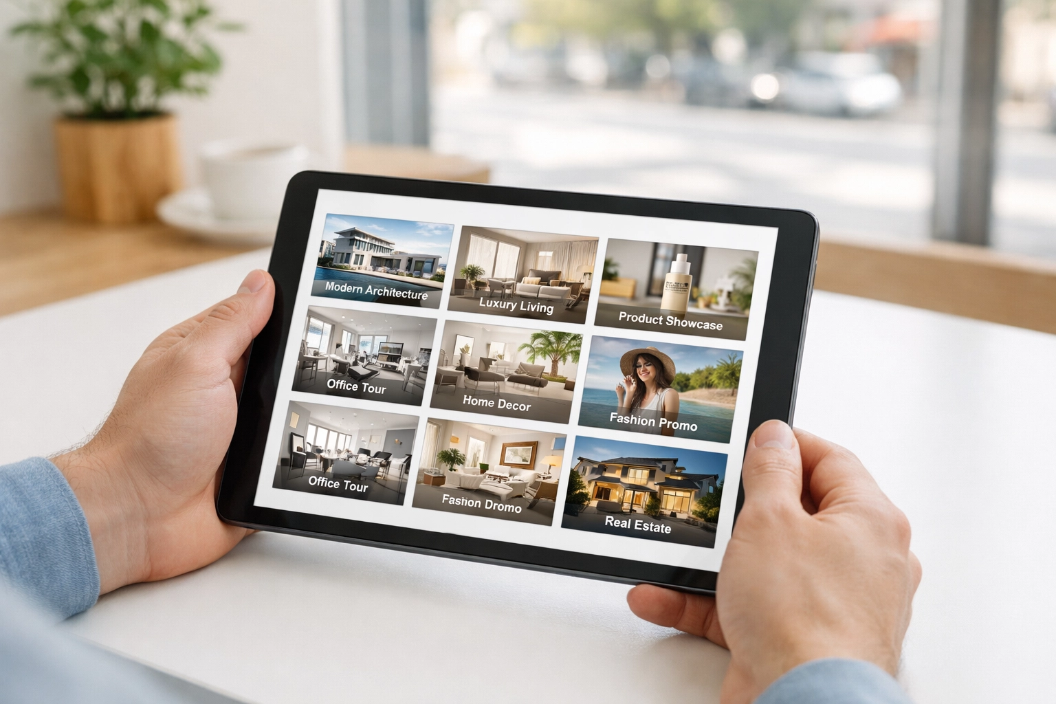 A tablet displaying a grid of marketing videos, used alongside social media marketing plugins for wordpress.
