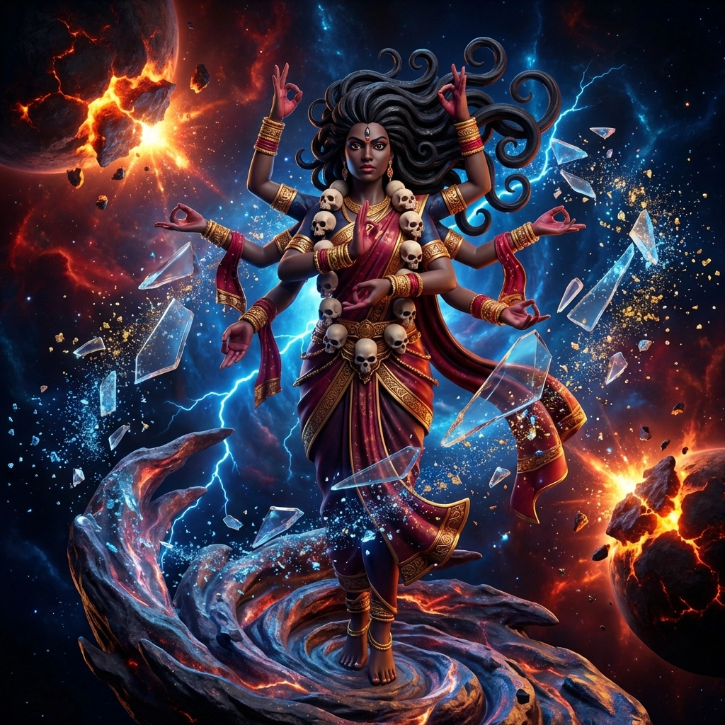 Caribbean woman as Kali shattering illusions, embodying the power of Kali Sadhana in Tantra