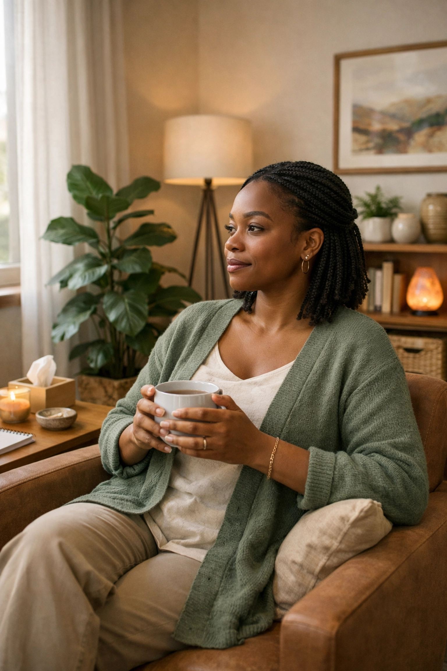 Black woman in therapy session for mental health and trauma recovery