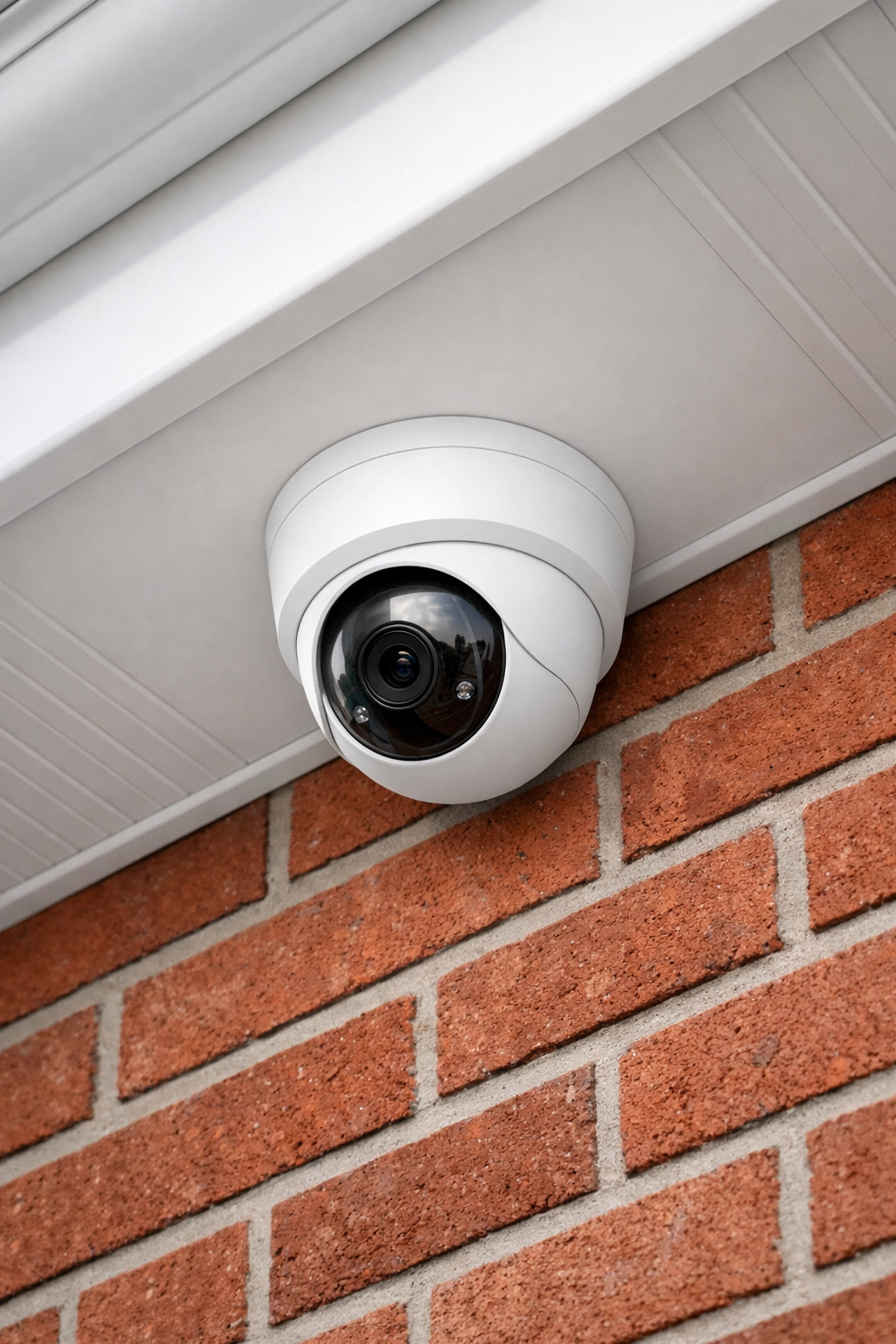A clean and tidy professional security camera installation on a Swansea red-brick house.