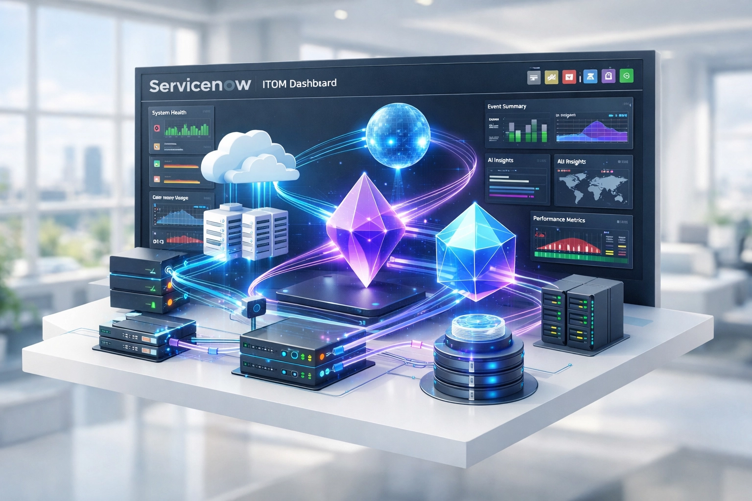 ServiceNow ITOM dashboard with autonomous AI agents managing incident resolution and monitoring