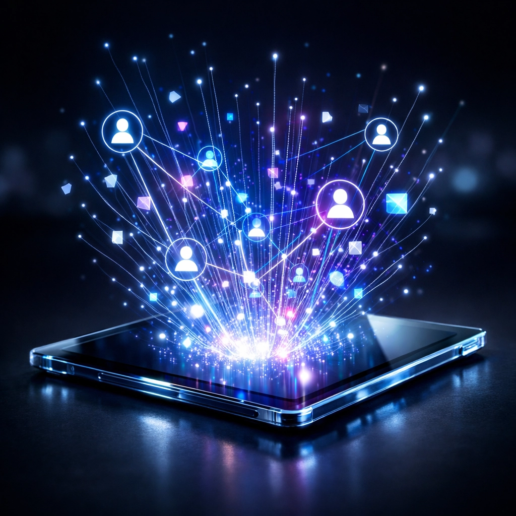 Glowing digital network on a tablet illustrating targeted social advertising and audience reach.