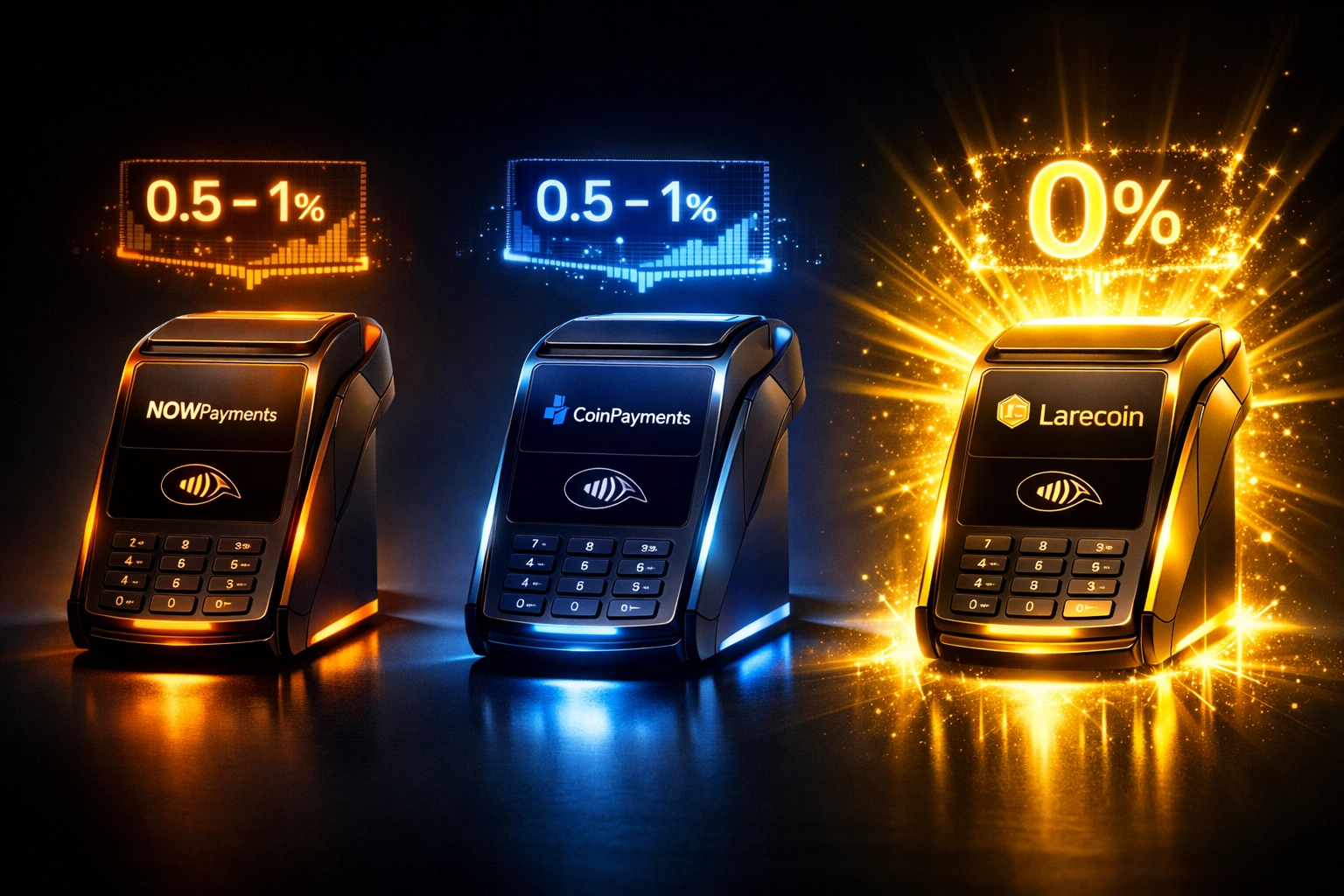 Crypto payment terminal comparison showing Larecoin's zero fees vs NOWPayments and CoinPayments