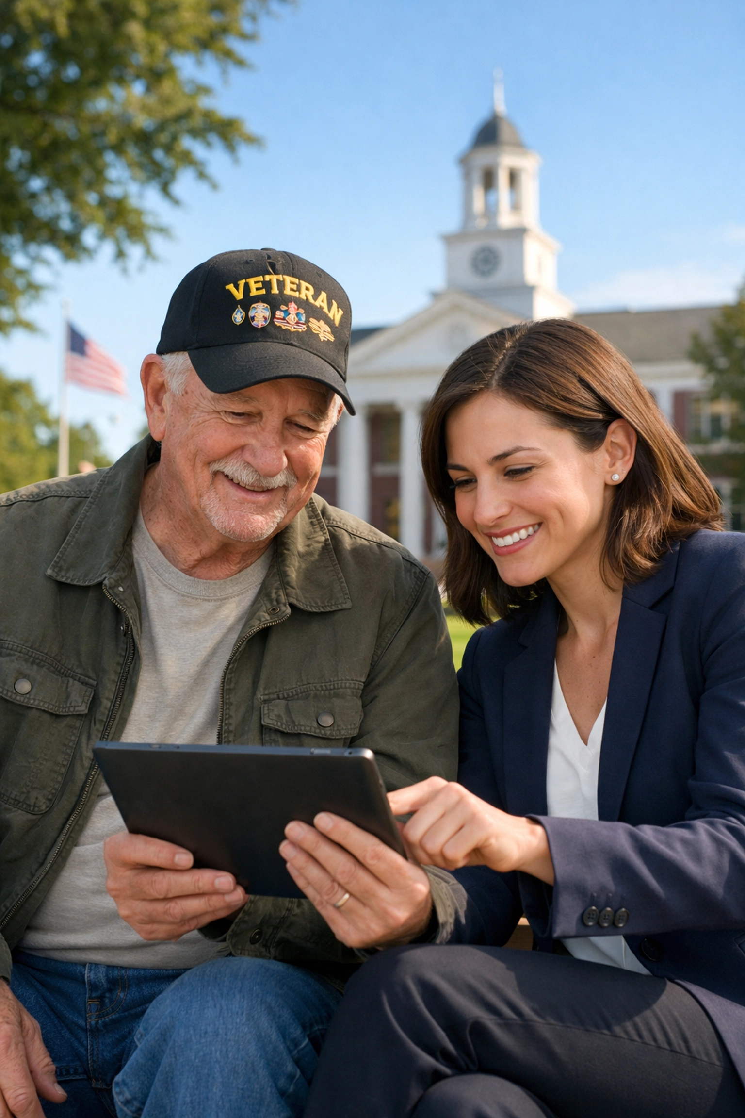 A veteran and community member using a tablet to stay informed on local patriotic initiatives.